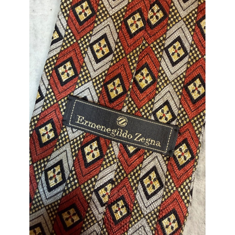 Ermenegildo Zegna Silk Tie Red Silver Gold Geometric Diamond Pattern Italy - Picture 2 of 8
